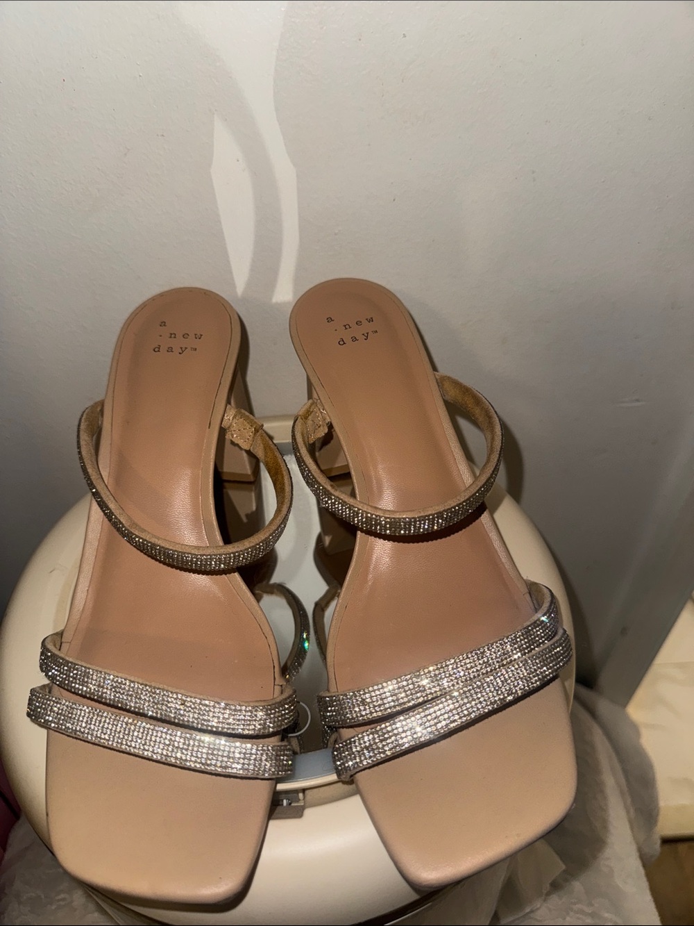 a new day Nude Rhinestone Double-Strap Heeled Sandals